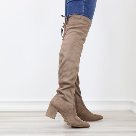 Taupe Thigh High Over The Knee Low Block Heel Boots Faux Suede Pointy Toe - Picture 4 of 15